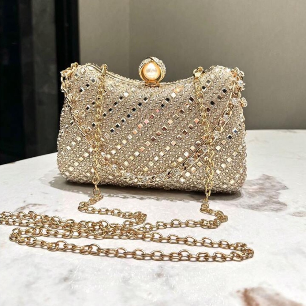 Gold Rhinestone Gem Evening crossbody Clutch NEW - Picture 3 of 9